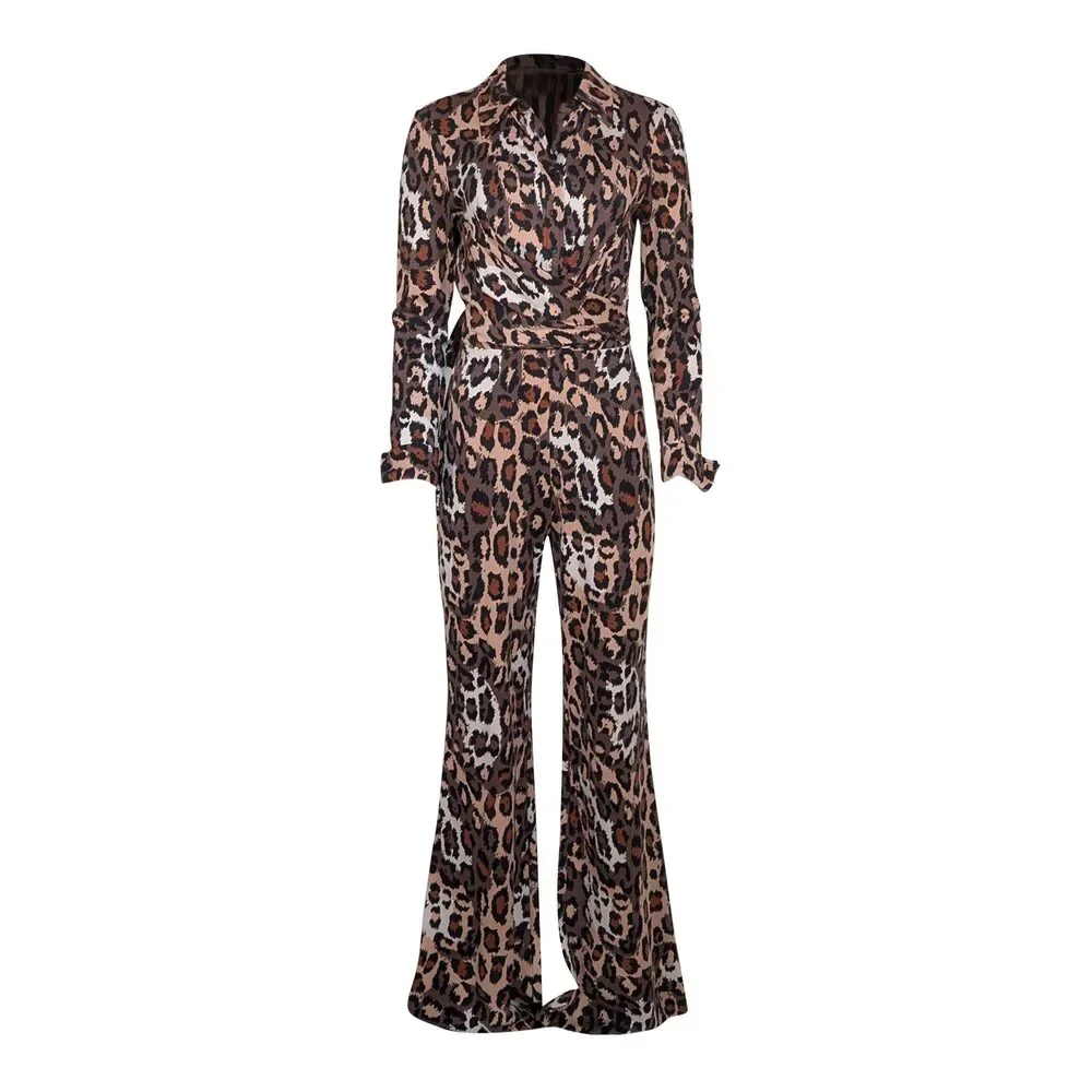 Diane von Furstenberg - Tan, Beige, & Black Leopard Print Wrap Bodice Jumpsuit - Picture 1 of 3